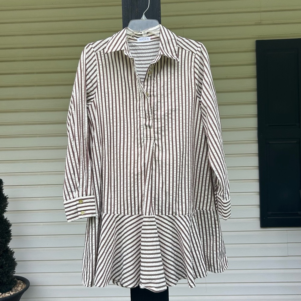 Vestique Brown and White Striped Long Sleeve Dress